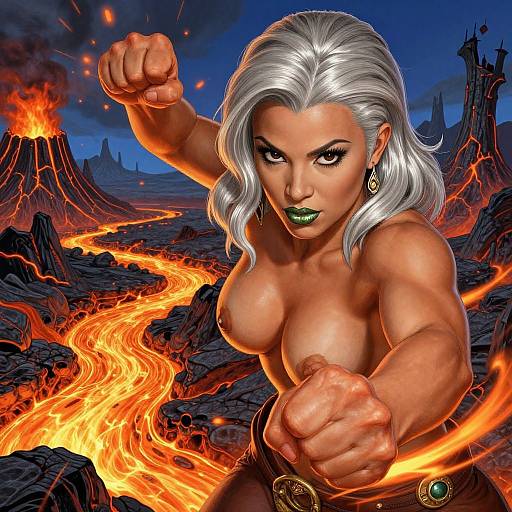 Digital artwork of a topless, muscular, silver-haired woman with green lipstick and earrings, fists raised, standing in a fiery, volcanic landscape with flowing