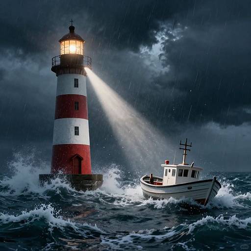 Photograph of a red-and-white lighthouse emitting a bright beam through stormy, dark clouds, illuminating a small white boat crashing through turbulent waves