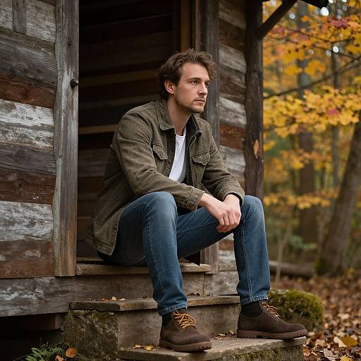 Photograph of a serious, brown-haired man in a green jacket and blue jeans, sitting on old wooden steps of a rustic cabin, surrounded by autumn