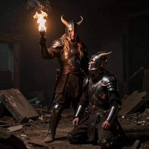 Warriors in a Dimly Lit Ruin