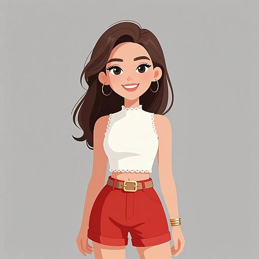 Digital illustration of a smiling young woman with long brown hair, wearing a white halter top, red high-waisted shorts, gold belt, and
