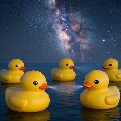 Photograph of five yellow rubber ducks floating on dark blue water under a starry night sky with visible Milky Way galaxy.