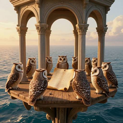 Photorealistic CGI of seven owls with detailed brown and white feathers, gathered around a parchment on a wooden platform in front of a classical, ar