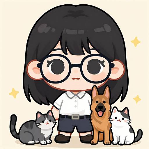 Chibi-style digital drawing of a cute girl with black hair, glasses, white shirt, black shorts, and three pets: gray and white cat,