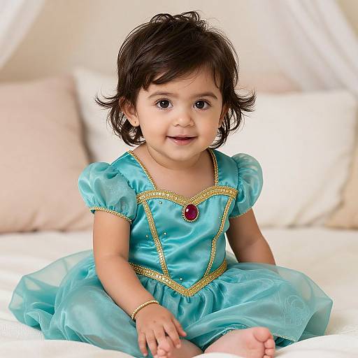 Photograph of a smiling Asian toddler girl with short black hair, wearing a blue satin princess dress with gold trim and a red gem, sitting on a