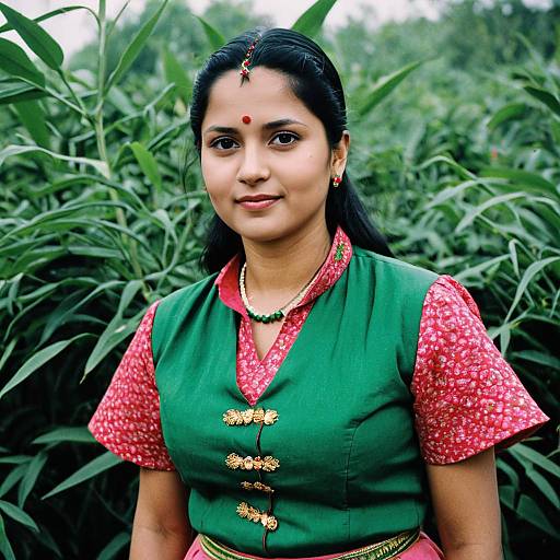 Photograph of a smiling Indian woman with dark hair, wearing a red floral blouse, green vest, gold buttons, red bindi, and green necklace