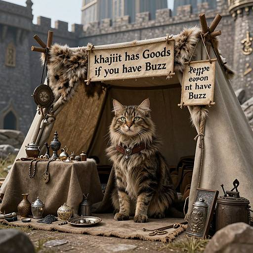 Photorealistic image of a fluffy tabby cat sitting in a rustic medieval tent with fur-trimmed entrance, surrounded by silver jewelry and signs reading