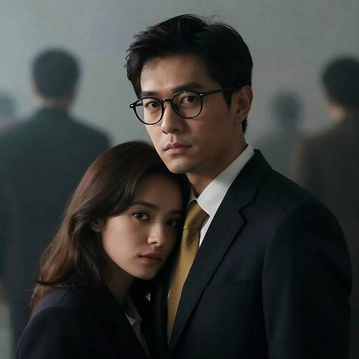 Photograph of an Asian man in a black suit with glasses, and a woman with long dark hair, leaning close. Blurred background with indist