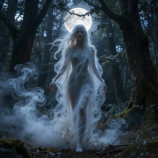 Photograph of a pale, ethereal woman with long white hair, standing in a dark, misty forest, illuminated by a full moon, surrounded