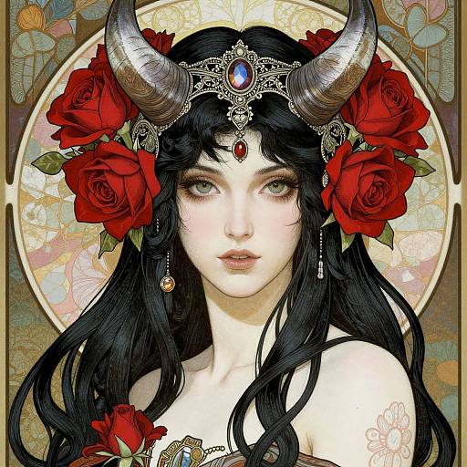Digital art of a pale-skinned, black-haired woman with large, curved horns, wearing a jeweled tiara, red roses in her hair,