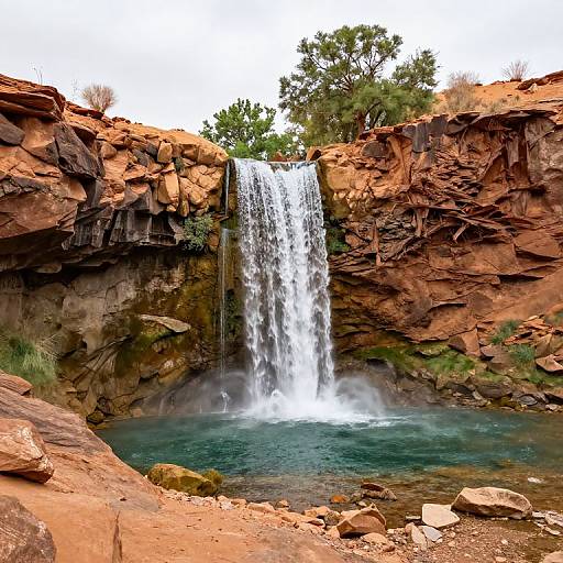 Photograph of a cascading waterfall between red rock cliffs, with a clear blue pool at the base, surrounded by greenery.