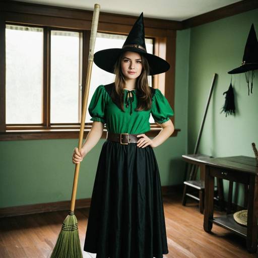 Young Woman in Witch Costume Holding Broom