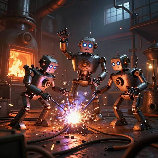 Photorealistic CGI of three metallic robots with blue eyes, sparking and fighting in a dimly lit, industrial warehouse with orange flames.