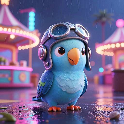 Cute blue cartoon bird with aviator goggles and headphones standing in the rain at a neon-lit carnival at night. Digital art.