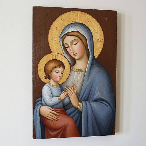 Mural-style painting of the Virgin Mary and infant Jesus, both with golden halos, Mary in blue and white, Jesus in blue and red.