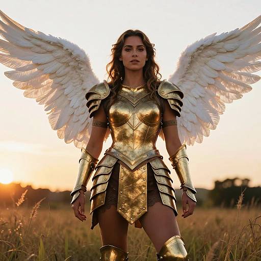 Photograph of a strong, beautiful woman with golden armor, white wings, standing in a sunlit field at sunset. Wings outstretched, fierce
