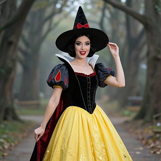 Photograph of a fair-skinned woman in a yellow and black Snow White costume with a black witch hat, standing in a foggy forest path,