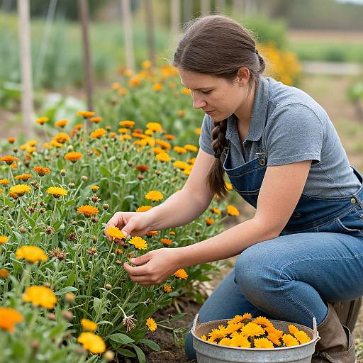 Photograph of a young woman with brown hair in a braid, wearing blue shirt and jeans, crouching to pick bright orange marigolds