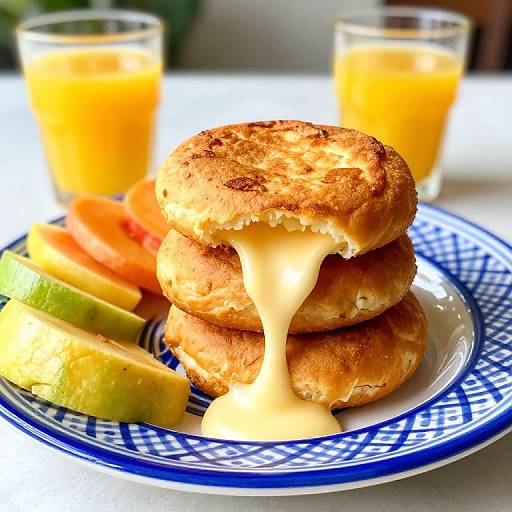 Photograph of a stack of golden-brown, grilled buns with cheese oozing out, accompanied by sliced apples and orange slices, on a