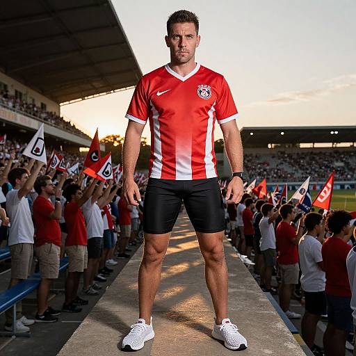Photograph of a muscular male soccer player in red and white striped shirt, black shorts, white sneakers, standing on stadium platform, with cheering fans holding