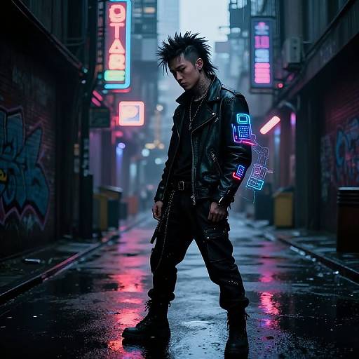 Cyberpunk street scene: Spiky-haired, tattooed man in black leather jacket and pants walks on wet, neon-lit alley at night.