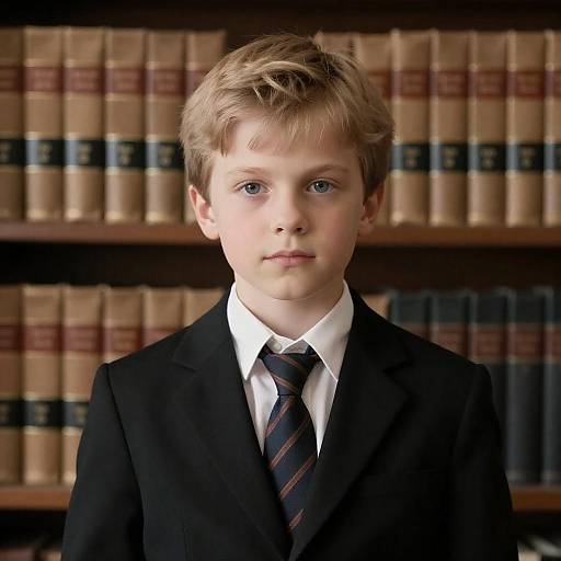 Young Boy in Black Suit with Books