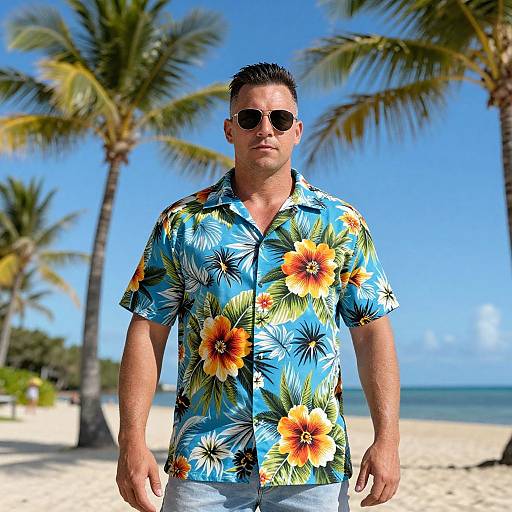 Photograph of a muscular, tan-skinned man with short black hair, wearing round sunglasses, a vibrant blue floral shirt, and light blue jeans,