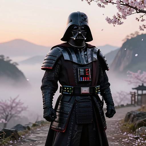 Digital art: Darth Vader in detailed samurai armor stands under cherry blossoms, misty mountains in background, twilight sky, serene path.
