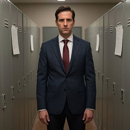 Serious Man in Suit Standing in Locker Hallway