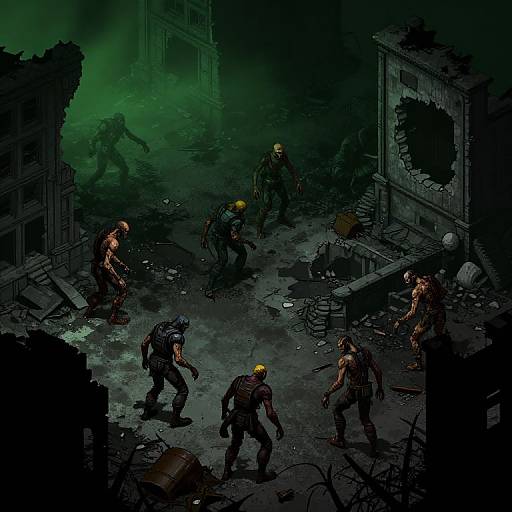 Digital comic-style artwork of a dark, green-lit urban battle scene with seven armed soldiers in yellow helmets, fighting six shadowy, zombie-like enemies