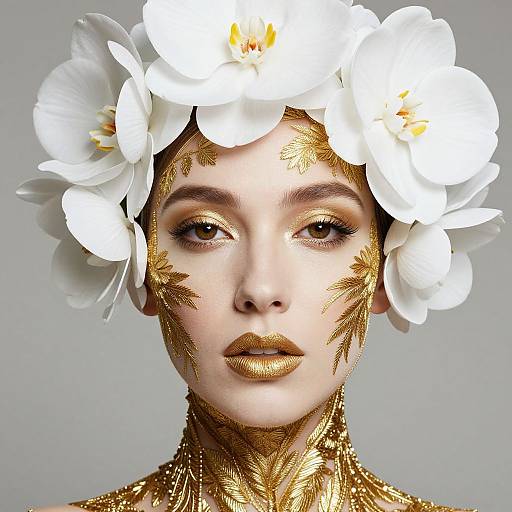Photograph of a pale-skinned woman with gold makeup, white flower crown, and gold leaf patterned face and shoulders, against gray background.