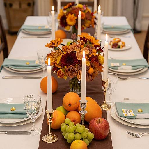 Photograph of a festive autumn-themed dinner table with white candles, orange and green fruits, sunflower and orange flower centerpieces, teal napkins,