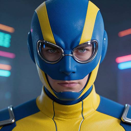 Photograph of a superhero in a blue and yellow mask with glasses, reflective metallic shoulders, and serious expression, set against a colorful, blurred background.