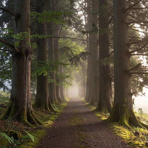 Serene Misty Forest Path at Dawn