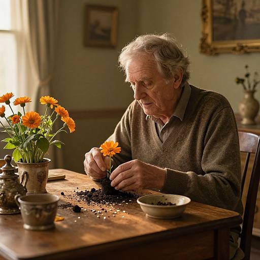 An elderly man with gray hair, wearing a brown sweater, carefully sorts orange flowers in a sunlit, vintage-style kitchen.