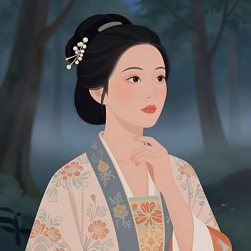 Thoughtful Asian Woman in Ethereal Forest