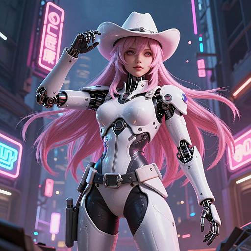 CGI image of a pink-haired, cybernetic cowgirl in a white hat and bodysuit, holding a gun, surrounded by neon-l
