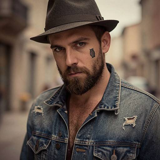 Photograph of a bearded man with a black fedora, denim jacket with rips, and a black tattoo on his right cheek, standing on