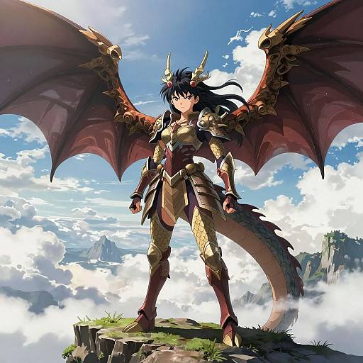 Digital anime-style drawing of a powerful, dark-haired, red-winged dragon-woman in gold armor standing on a rocky cliff against a bright blue sky