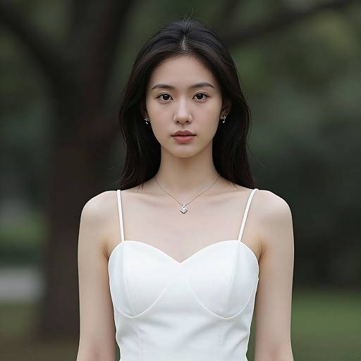 Photograph of an East Asian woman with long black hair, wearing a white spaghetti-strap dress, standing in a blurred forest background. She has a