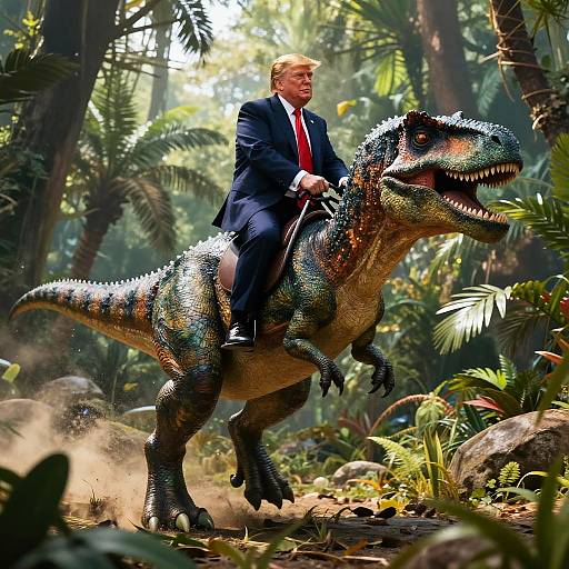 Photorealistic image of a blond man in a dark suit and red tie riding a large, colorful, roaring dinosaur through a lush, sunlit jungle