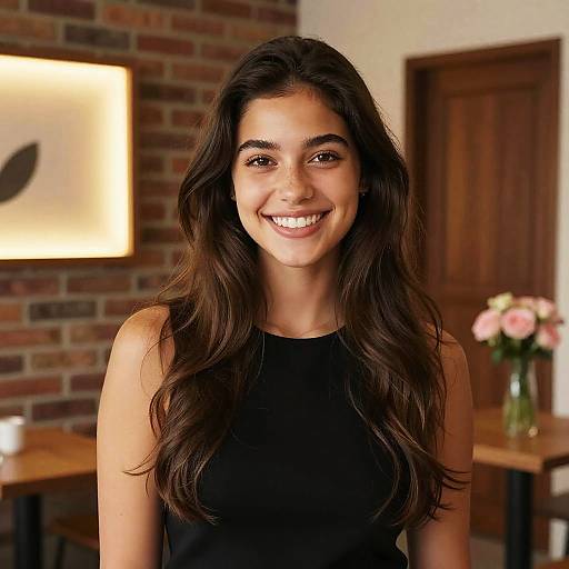 Photograph of a smiling young woman with long, wavy brown hair, wearing a black sleeveless top, standing in a warmly lit room with brick
