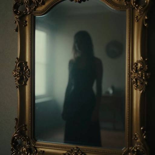 Silhouetted figure reflected in ornate, gold-framed mirror, standing in dimly lit, shadowy room with a window to the left