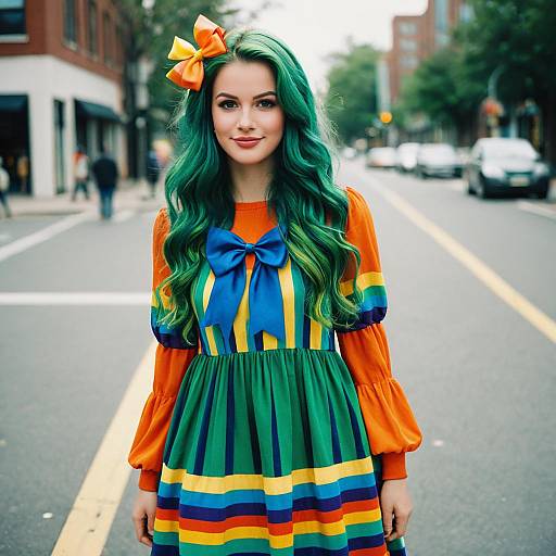 Young Woman in Rainbow Costume with Green Hair