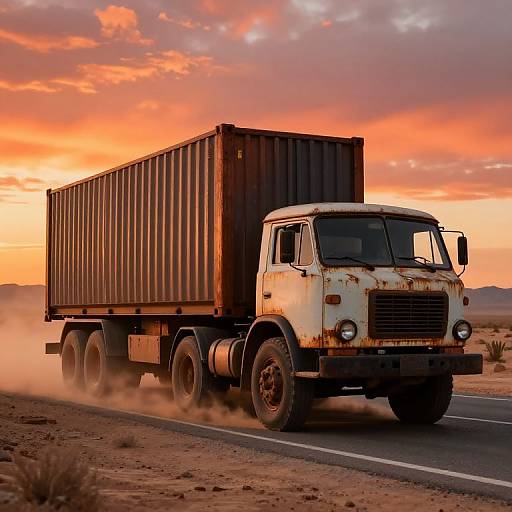 Photograph of a rusted, white semi-truck with a large, black cargo container driving on a desert road during a vibrant sunset, with orange