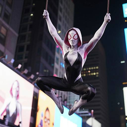 Spider Gwen swinging in Times Square at night