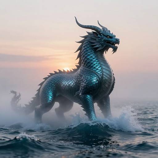 Digital artwork of a majestic, blue-scaled dragon with horns, standing on turbulent ocean waves at sunset, mist rising around its powerful legs.