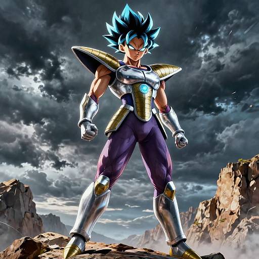 Digital artwork of a muscular, blue-haired Super Saiyan with spiky hair, wearing metallic armor and purple pants, standing on rocky terrain under a storm