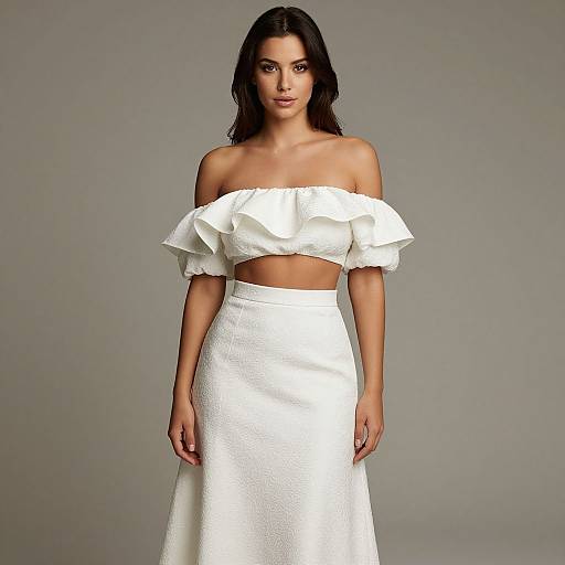 Photograph of a young woman with long dark hair, wearing an off-shoulder white ruffle top and high-waisted white skirt, standing