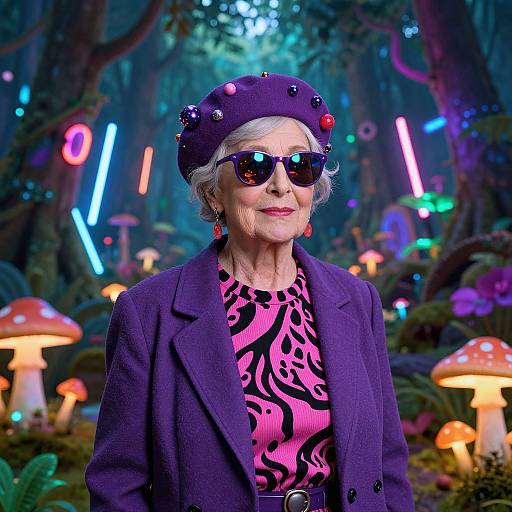 Elderly woman with white hair, purple beret, dark sunglasses, pink-black patterned top, purple blazer, standing in glowing, neon